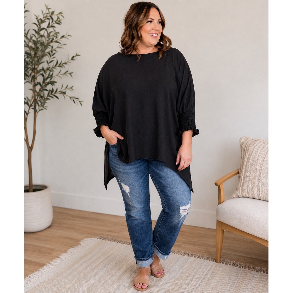 Oddi Black Oversized Smocked Cuff Tunic Blouse